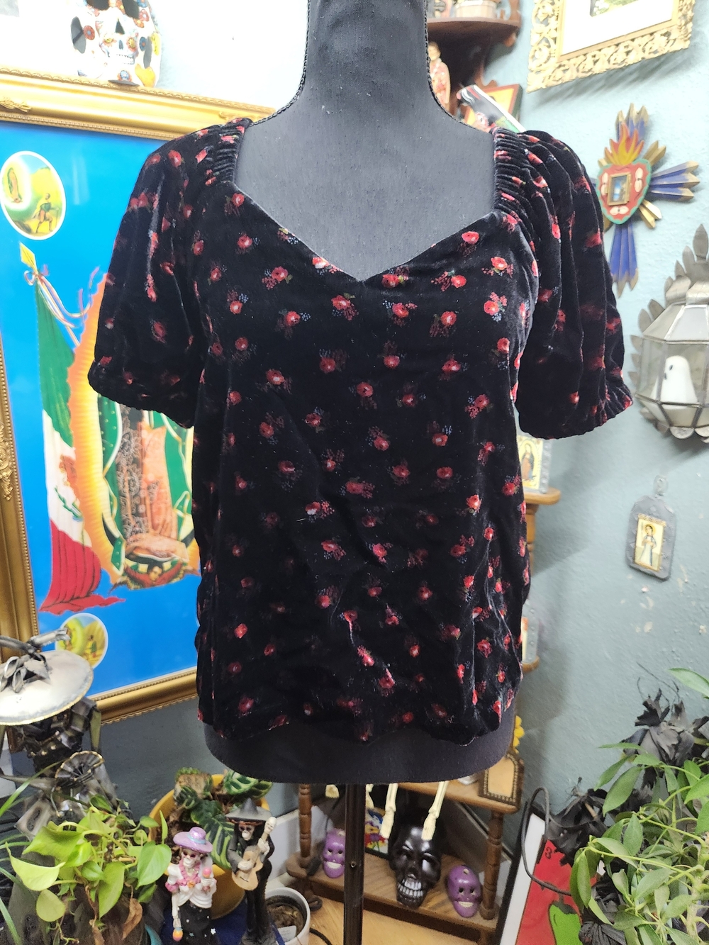 LOFT Black Velvet Puff-Sleeve Blouse with Red Floral Dot Pattern